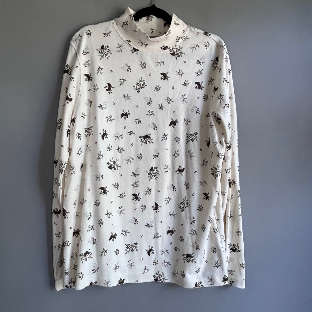 Croft &‎ Barrow Womens XL Mock Neck Long Sleeve Cotton Top Cream Floral Pinecone
